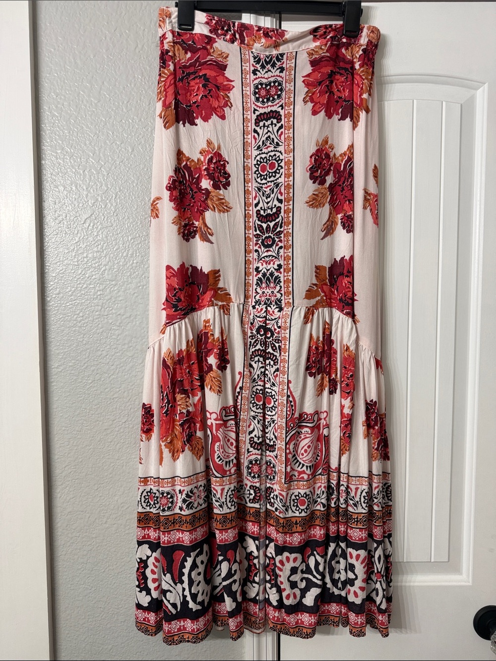 Boho Floral Tiered Maxi Skirt in Pink and Red